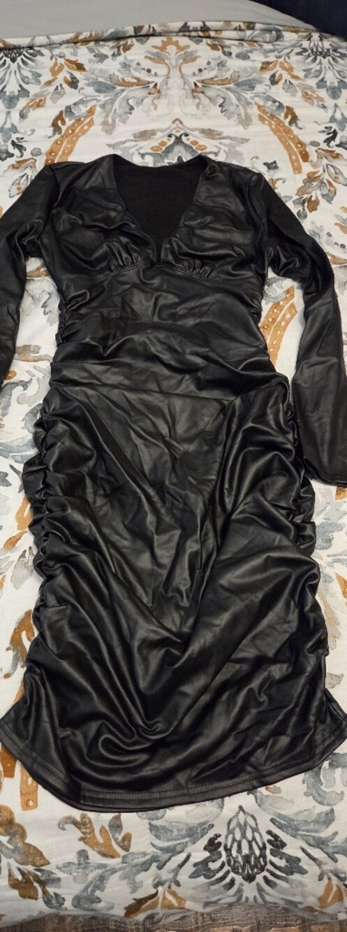 SHEIN Black Faux Leather Ruched Long Sleeve Dress